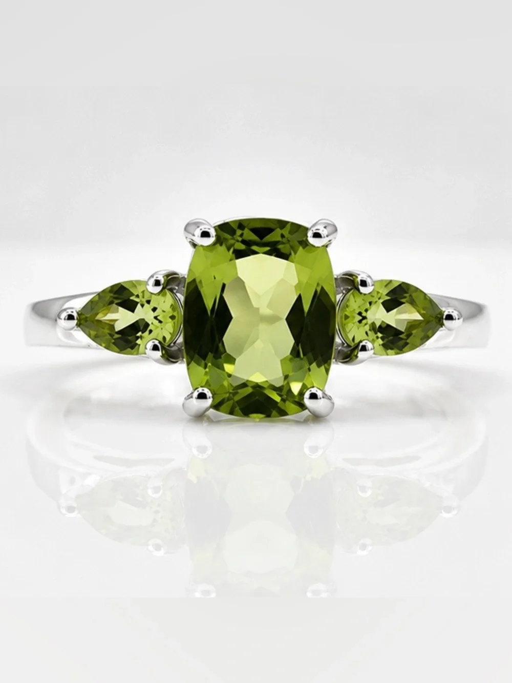 1.25 ct Cushion Cut Peridot w 0.34 ct Pear Side Stones | 925 Silver | Size 6